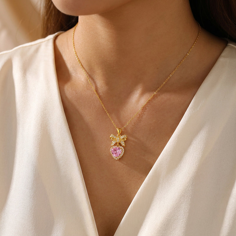 Sweetheart Bow Pink Heart Necklace