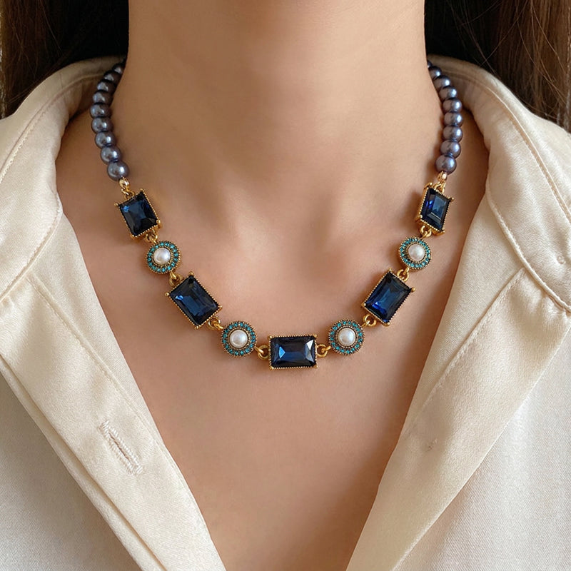 Midnight Sapphire Pearl Statement Necklace