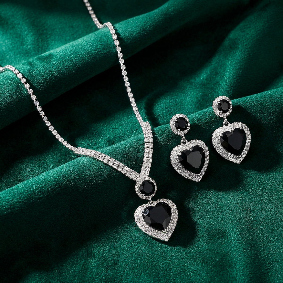 Heart Midnight Crystal Necklace & Earrings Set