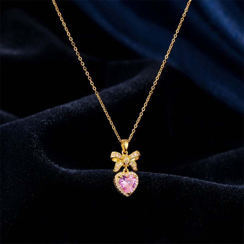 Sweetheart Bow Pink Heart Necklace