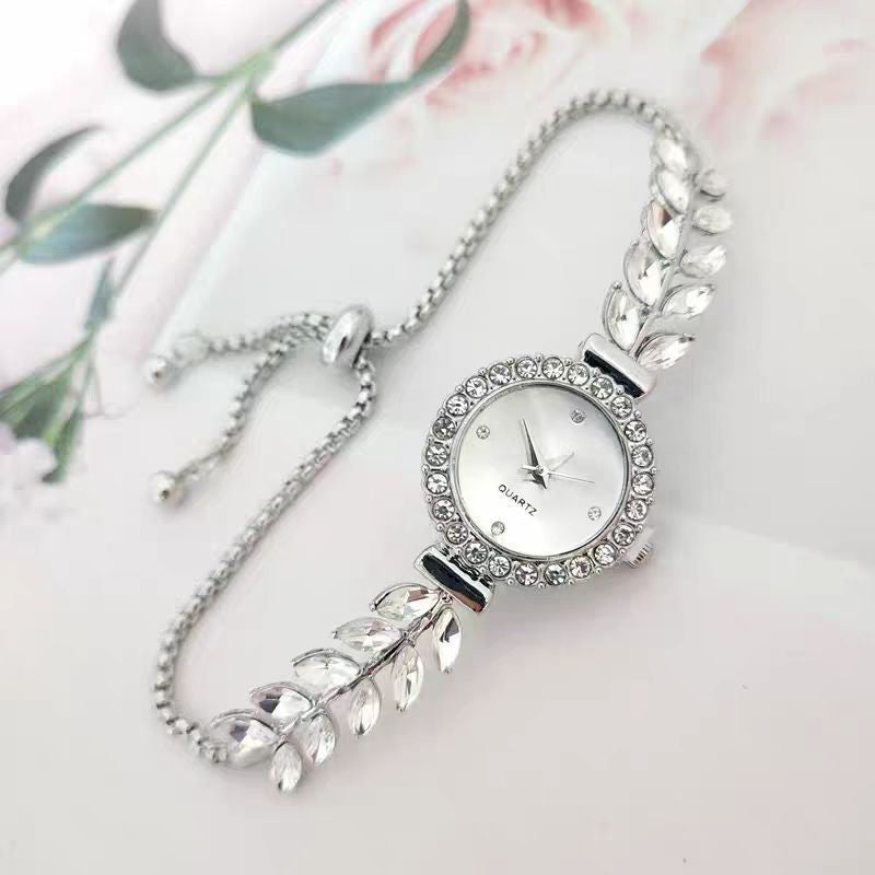 Silver Leaf Elegance Crystal Bracelet Watch
