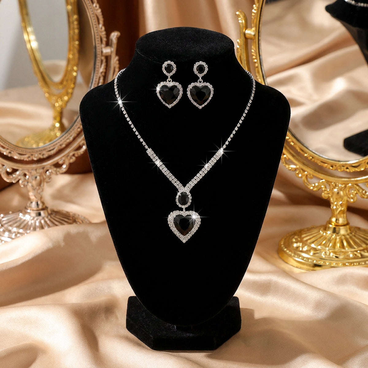 Heart Midnight Crystal Necklace & Earrings Set